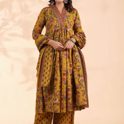 KALINI Floral Printed Panelled Sequinned Pure Cotton A-Line Kurta With Palazzos & Dupatta-0