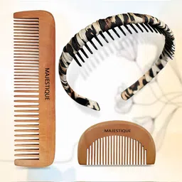 MAJESTIQUE Set Of 3 Eco Friendly Wooden Comb Set With Satin Cotton Headband-17