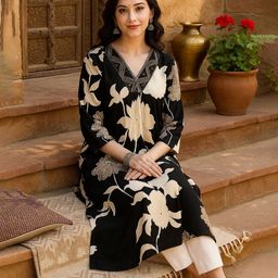 Maaesa Floral Printed V-Neck Straight Kurta-image-65