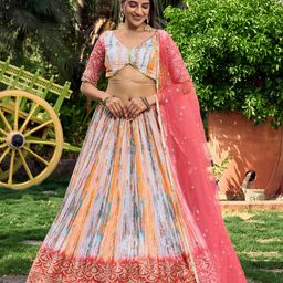 ETHNIC PLUS Embellished Sequinned Semi-Stitched Lehenga & Unstitched Blouse With Dupatta-image-28