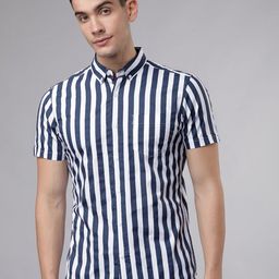 HIGHLANDER Men Button-Down Collar Vertical Striped Cotton Slim Fit Casual Shirt-image-63