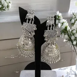 Sangria Silver Plated Elephant Style Banjara Oxidised Jhumkas-18