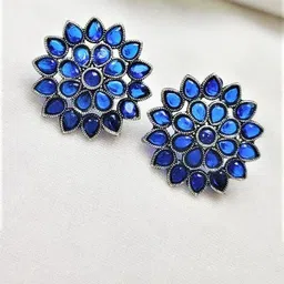 Yash Jewels Emporiums Silver-Plated Artificial Stones Studded Oxidized Floral Shaped Studs-image-16