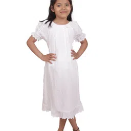 Miyo Girls Puff Sleeves Cotton A-Line Midi Dress With Lace Detailed-image-33