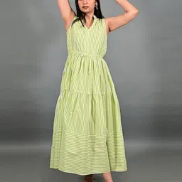 THE BEHRUZ THEORY Mandarin Collar Striped Tiered Fit and Flare Maxi Dress-image-35