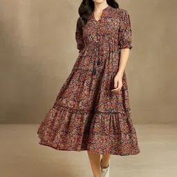 Raiyani Enterprise Floral Print Puff Sleeve Fit And Flare Midi Dress-picture-34