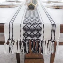 INDIAN HOME FAB Black & White Rectangular Table Runner With Tassels-55