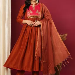 GoSriKi Embroidered Mandarin Collar Anarkali Kurta With Trousers And Dupatta-picture-22