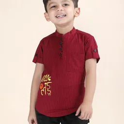 Polka Tots Boys Striped Embroidered Thread WorkBand Collar Straight Kurta-24