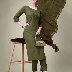 BAPS Floral Yoke Design Thread Work Straight Kurta With Trouser And Dupatta image 4