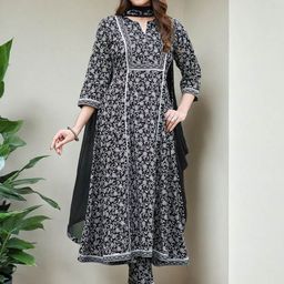 SZN Floral Printed Empire Notch Neck Anarkali Kurta With Trouser & Dupatta-picture-24