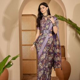 SHADOW & SAINING Floral Zari Linen Blend Fusion Saree-image-21