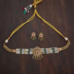 Kushal's Fashion Jewellery Ruby-Green Gold-Plated Ethnic Antique Jewellery Set-image-76