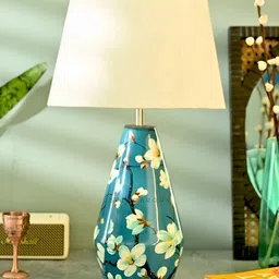 BRICK BROWN Blue & Yellow Printed Wood Contemporary FrusturicalShaped Table Lamp with Bulb-9