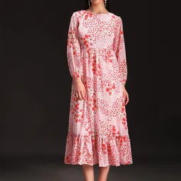 emeros Ditsy Women Floral Printed Puff Sleeve Tiered Georgette Fit & Flare Midi Dress-picture-48