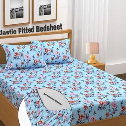 AMRANGE Blue & Pink Printed Fitted Microfiber 180 TC Double King Bedsheet Set 1.8m x 1.9m-picture-48