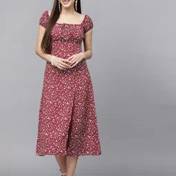 BAESD Women Floral Printed Puff Sleeves A-Line Midi Dress-image-78