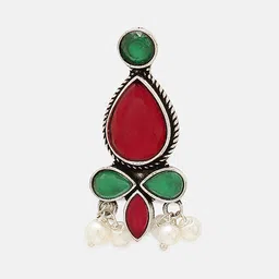 Priyaasi Silver Plated Faux Ruby Stone Studded & Beaded Oxidized Drop Earrings image 2