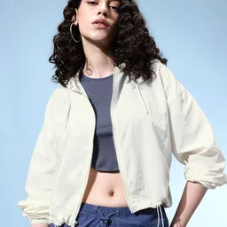 glitchez Drop-Shoulder Sleeves Hooded Crop Bomber Jacket with Toggle Hem-picture-7