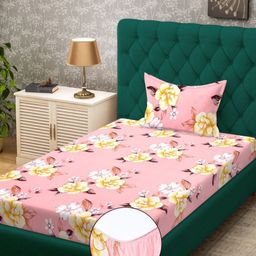 KLOTTHE Pink & White Printed 300 TC Single Fitted Bedsheet Set 2.25 m x 1.5 m-image-87