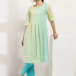 Rangriti Striped Thread Work Round Neck Straight Pleated Kurta-picture-9