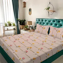 KLOTTHE Peach-Coloured Floral Skin-Friendly 300 TC King Bedsheet with 2 Pillow Covers-image-48