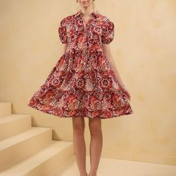 JISORA Women Floral Printed Shirt Collar Fit & Flare Multicoloured Cotton Dress-image-63