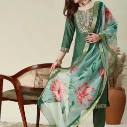 MOKOSH Women Embroidered Regular Sequinned Kurta with Trousers & With Dupatta-15