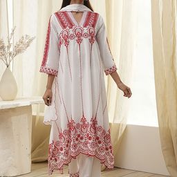 Biba Floral Embroidered V-Neck Pure Cotton A-Line Kurta With Palazzos & Dupatta-image-11