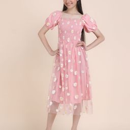 STARWORD Girls Floral Printed Puff Sleeves Smocked Fit & Flare Midi Dress-38