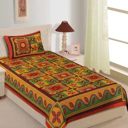 POORAK Yellow & Maroon Ethnic Motifs Pure Cotton 104 TC Single Bedsheet & 1 Pillow Cover-image-19
