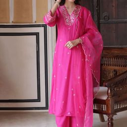 KALINI Floral Embroidered Sequinned Chanderi Cotton Straight Kurta With Trousers & Dupatta-36