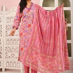 KALINI Women Floral Printed Regular Pure Cotton Kurta with Trousers & With Dupatta-image-40