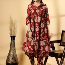 Pistaa Women Floral Printed Regular Pure Cotton Kurta with Trousers-image-49
