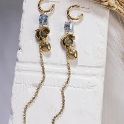 VESTIDO MODAS Gold-Plated Artificial Stones Studded And Beaded Contemporary Drop Earrings-11
