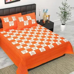 UNIBLISS Orange & White Floral Printed Cotton 144 TC Queen Bedsheet Set- 2.15 m x 2.35 m-image-46