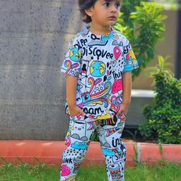 purple sky Kids Conversational Printed T-shirt with Trousers-image-93