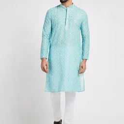 Ethnic India Men Geometric Thread Work Pathani Kurta-49