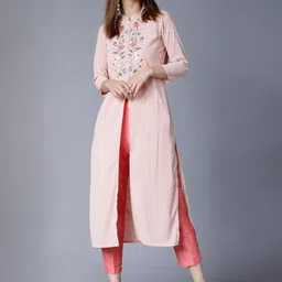 Vishudh Peach Coloured Floral Yoke Design Mandarin Collar High Slit Fusion Kurta-image-25