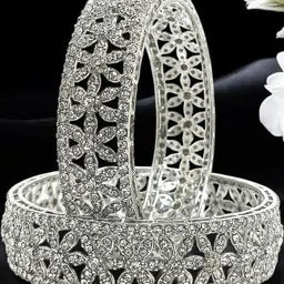 T4 JEWELS Women Set Of 2 Silver Plated Kundan Studded Bangles-image-82