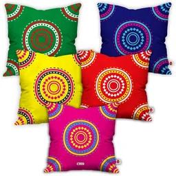 Indigifts Set of 5 Yellow & Red Printed Square Cushion Covers image 1