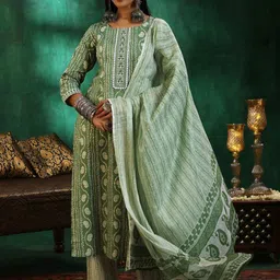 KALINI Ethnic Motifs Printed Round Neck Thread Work Straight Kurta With Trousers & Dupatta-18