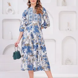 OH MI DIOS Women Abstract Printed Mandarin Collar Puff Sleeve Midi Fit & Flare Dress-image-3