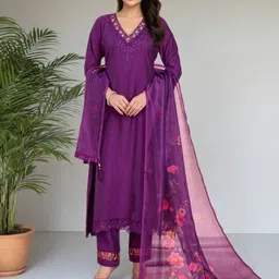 SZN Floral Printed V-Neck Straight Beads & Stones Kurta With Trousers & Dupatta-picture-47