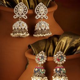 Zaveri Pearls Set Of 2 Gold-Plated Stones Studded & Beaded Dome Shaped Jhumkas-13