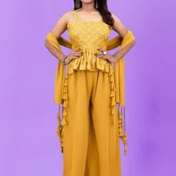 PARROT CREATION Floral Embroidered Sequinned Kurti With Sharara And Dupatta-7
