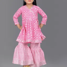 Aarya Designer Girls Floral Printed Angrakha Gotta Patti Kurta with Sharara-image-31