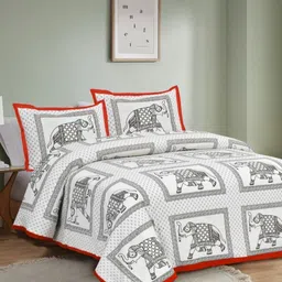 BED-SHEET.COM White & Red Ethnic Printed 240 TC Cotton King Bedsheet Set 2.54 m x 2.74 m-19