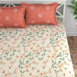 Florida Beige & Green Floral 200 TC Queen Bedsheet with 2 Pillow Covers-image-58