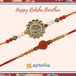 Asthetika Set Of 2 Artificial Stones Studded & Beaded Om Rudraksha Rakhis With Roli Chawal image 4